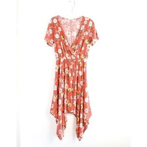 One Story orange dress floral boho asymmetric high low novelty print medium midi